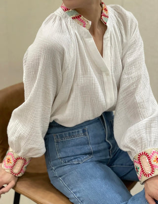 Cheriton Cheesecloth Blouse with Embroidered Collar and Cuffs - Off White