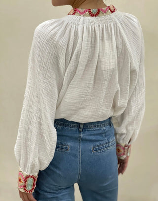 Cheriton Cheesecloth Blouse with Embroidered Collar and Cuffs - Off White