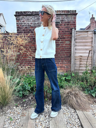 Wells Sleeveless Cardigan with Coastal Popper Fastenings - Black, Off White