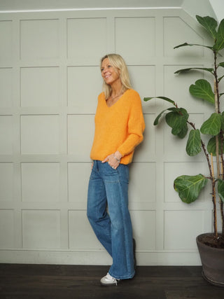 Nile Deep V-Neck Alpaca Mix Jumper - Bright Pink, Orange