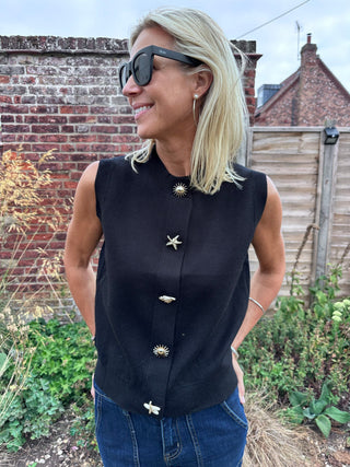 Wells Sleeveless Cardigan with Coastal Popper Fastenings - Black, Off White