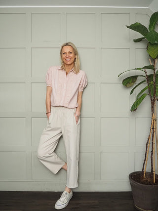 Bronwyn Barrel Leg Cropped Cotton, Trousers - Denim Blue, Ecru, Khaki Leopard Print, Navy Blue