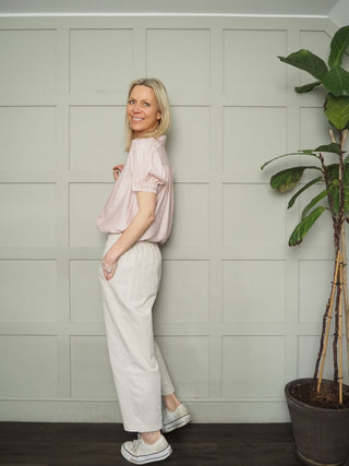 Bronwyn Barrel Leg Cropped Cotton, Trousers - Denim Blue, Ecru, Khaki Leopard Print, Navy Blue