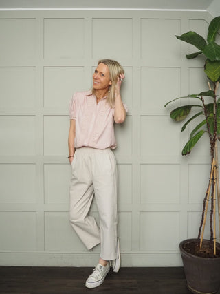 Bronwyn Barrel Leg Cropped Cotton, Trousers - Denim Blue, Ecru, Khaki Leopard Print, Navy Blue