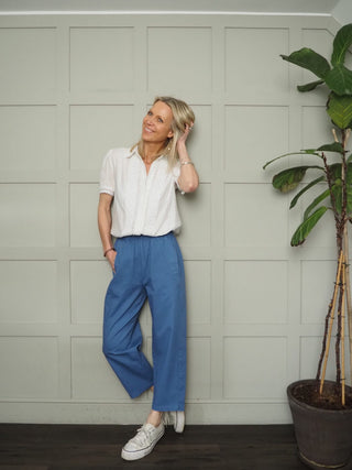 Bronwyn Barrel Leg Cropped Cotton, Trousers - Denim Blue, Ecru, Khaki Leopard Print, Navy Blue