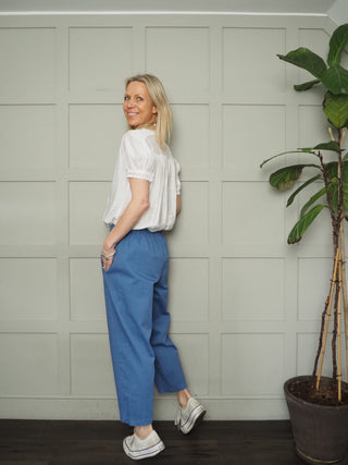 Bronwyn Barrel Leg Cropped Cotton, Trousers - Denim Blue, Ecru, Khaki Leopard Print, Navy Blue