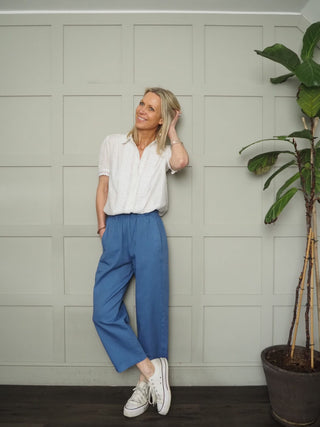 Bronwyn Barrel Leg Cropped Cotton, Trousers - Denim Blue, Ecru, Khaki Leopard Print, Navy Blue