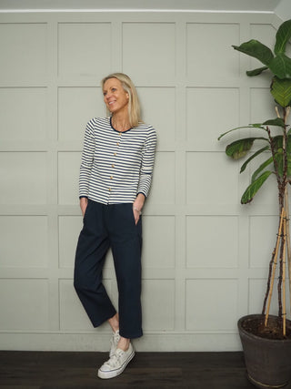 Bronwyn Barrel Leg Cropped Cotton, Trousers - Denim Blue, Ecru, Khaki Leopard Print, Navy Blue