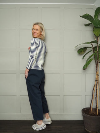 Bronwyn Barrel Leg Cropped Cotton, Trousers - Denim Blue, Ecru, Khaki Leopard Print, Navy Blue