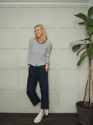 Bronwyn Barrel Leg Cropped Cotton, Trousers - Denim Blue, Ecru, Khaki Leopard Print, Navy Blue