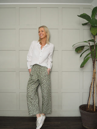 Bronwyn Barrel Leg Cropped Cotton, Trousers - Denim Blue, Ecru, Khaki Leopard Print, Navy Blue