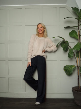 Netti Straight Leg Trousers - Navy with Camel Side Stripe