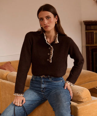 Langton Jumper with Tartan Pleated Collar Detail - Burgundy, Chocolate, Ecru, Khaki, Navy Blue