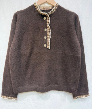 Langton Jumper with Tartan Pleated Collar Detail - Burgundy, Chocolate, Ecru, Khaki, Navy Blue