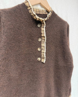 Langton Jumper with Tartan Pleated Collar Detail - Burgundy, Chocolate, Ecru, Khaki, Navy Blue