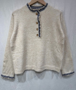 Langton Jumper with Tartan Pleated Collar Detail - Burgundy, Chocolate, Ecru, Khaki, Navy Blue