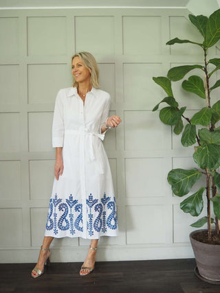 Daly Maxi Shirt Dress - White with Blue Floral Cut Out Detail
