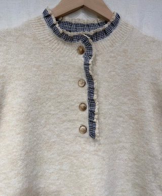 Langton Jumper with Tartan Pleated Collar Detail - Burgundy, Chocolate, Ecru, Khaki, Navy Blue
