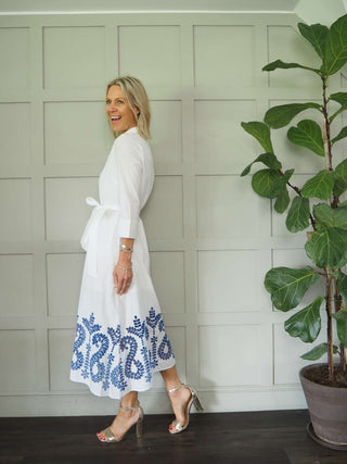 Daly Maxi Shirt Dress - White with Blue Floral Cut Out Detail