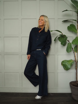 Solaine Denim High Round Collar, Long Sleeved with Front Pocket detail Top by Frnch - Dark Denim Blue