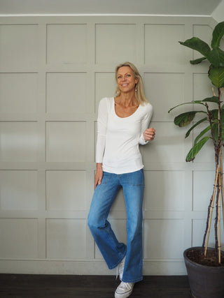 Suffolk Long Sleeve T Shirt with Scoop Neck - Black, Off White