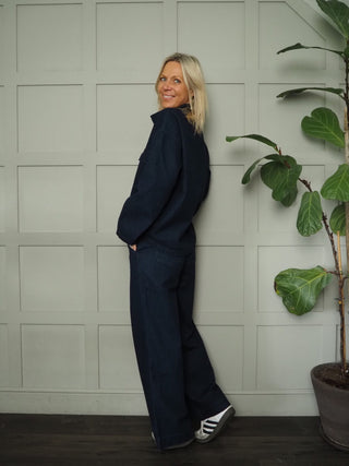 Patience Wide Leg, Pleated Front Jeans by Frnch - Dark Denim Blue