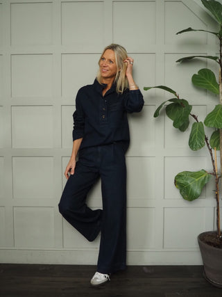 Solaine Denim High Round Collar, Long Sleeved with Front Pocket detail Top by Frnch - Dark Denim Blue