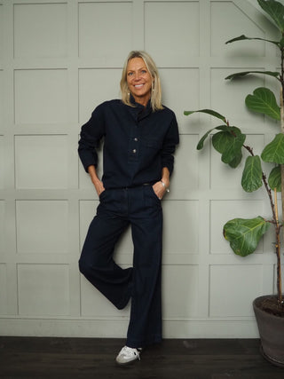 Solaine Denim High Round Collar, Long Sleeved with Front Pocket detail Top by Frnch - Dark Denim Blue