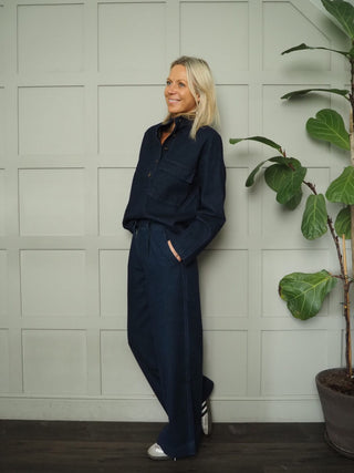 Patience Wide Leg, Pleated Front Jeans by Frnch - Dark Denim Blue