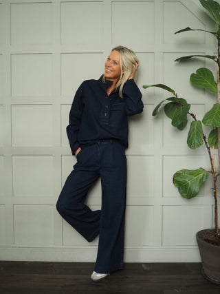 Solaine Denim High Round Collar, Long Sleeved with Front Pocket detail Top by Frnch - Dark Denim Blue