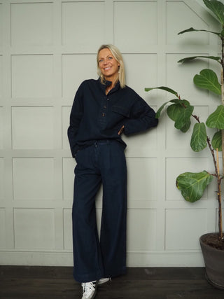 Patience Wide Leg, Pleated Front Jeans by Frnch - Dark Denim Blue