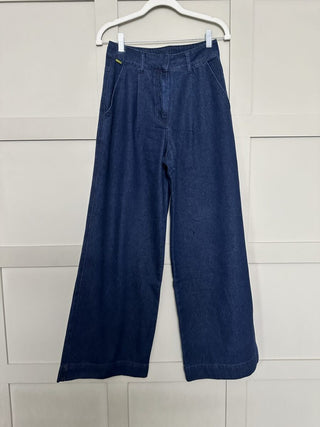 Patience Wide Leg, Pleated Front Jeans by Frnch - Dark Denim Blue