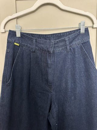 Patience Wide Leg, Pleated Front Jeans by Frnch - Dark Denim Blue