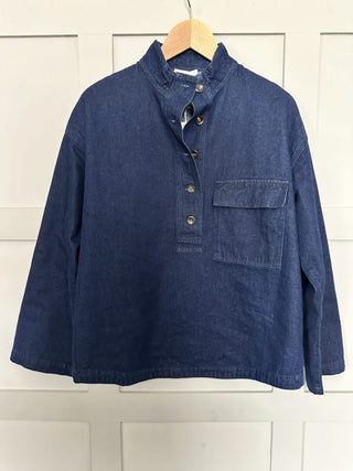 Solaine Denim High Round Collar, Long Sleeved with Front Pocket detail Top by Frnch - Dark Denim Blue