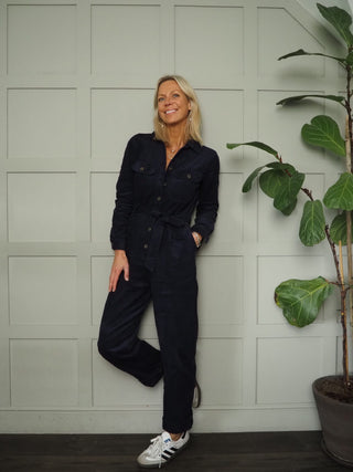 Alya Belted Corduroy Jumpsuit By Frnch - Navy Blue