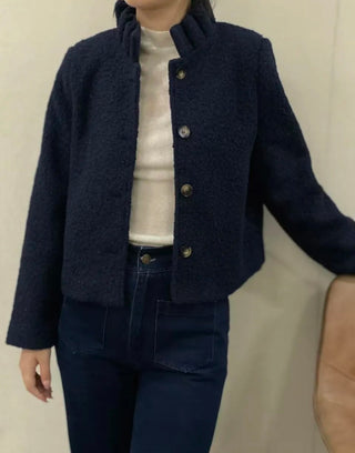Grace Boucle Quilted Jacket with Pleated Collar - Chocolate, Ecru Navy Blue