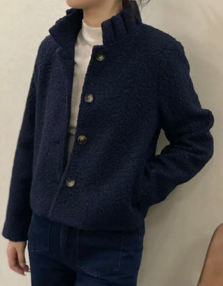 Grace Boucle Quilted Jacket with Pleated Collar - Chocolate, Ecru Navy Blue