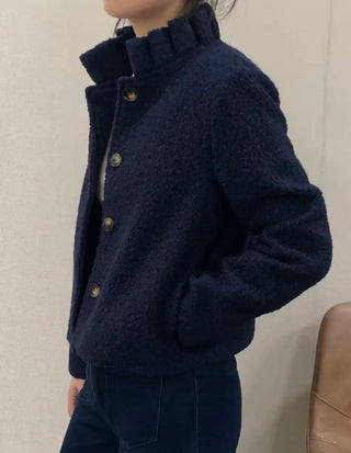 Grace Boucle Quilted Jacket with Pleated Collar - Chocolate, Ecru Navy Blue