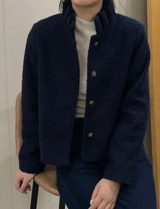 Grace Boucle Quilted Jacket with Pleated Collar - Chocolate, Ecru Navy Blue