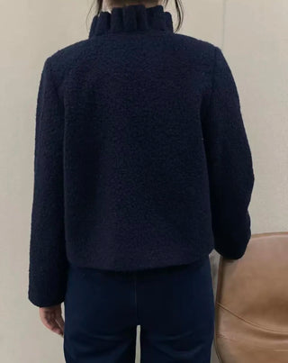 Grace Boucle Quilted Jacket with Pleated Collar - Chocolate, Ecru Navy Blue