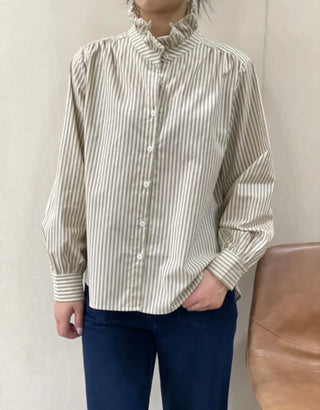 Firle Stripe Blouse with High Scalloped Collar - Blue, Burgundy, Chocolate, Khaki