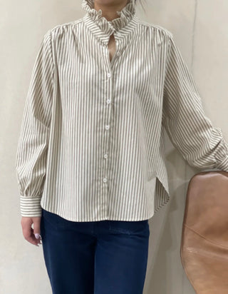Firle Stripe Blouse with High Scalloped Collar - Blue, Burgundy, Chocolate, Khaki
