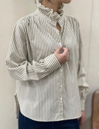 Firle Stripe Blouse with High Scalloped Collar - Blue, Burgundy, Chocolate, Khaki