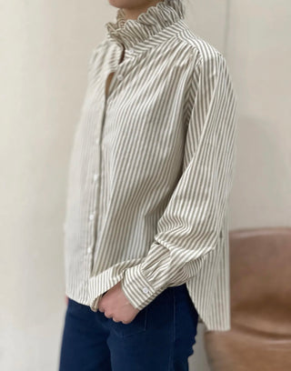 Firle Stripe Blouse with High Scalloped Collar - Blue, Burgundy, Chocolate, Khaki