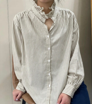 Firle Stripe Blouse with High Scalloped Collar - Blue, Burgundy, Chocolate, Khaki