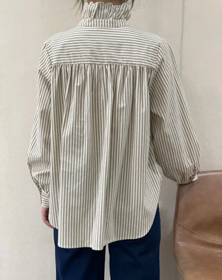 Firle Stripe Blouse with High Scalloped Collar - Blue, Burgundy, Chocolate, Khaki