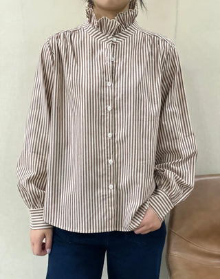 Firle Stripe Blouse with High Scalloped Collar - Blue, Burgundy, Chocolate, Khaki