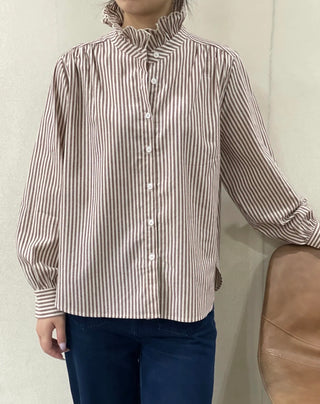 Firle Stripe Blouse with High Scalloped Collar - Blue, Burgundy, Chocolate, Khaki