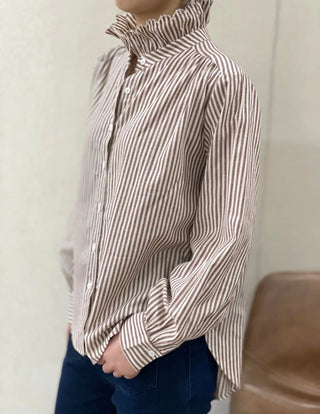 Firle Stripe Blouse with High Scalloped Collar - Blue, Burgundy, Chocolate, Khaki