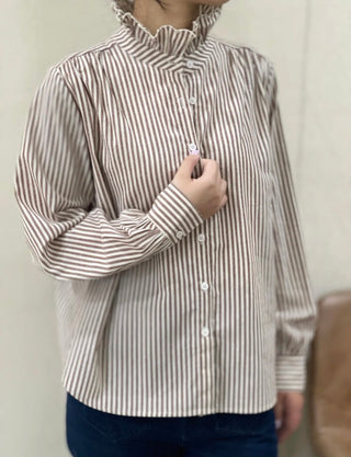 Firle Stripe Blouse with High Scalloped Collar - Blue, Burgundy, Chocolate, Khaki